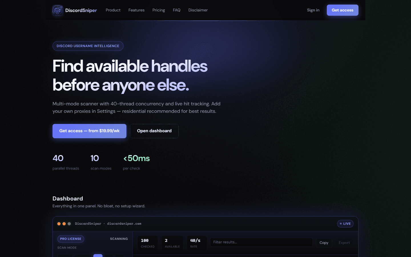 DiscordSniper landing page and dashboard preview