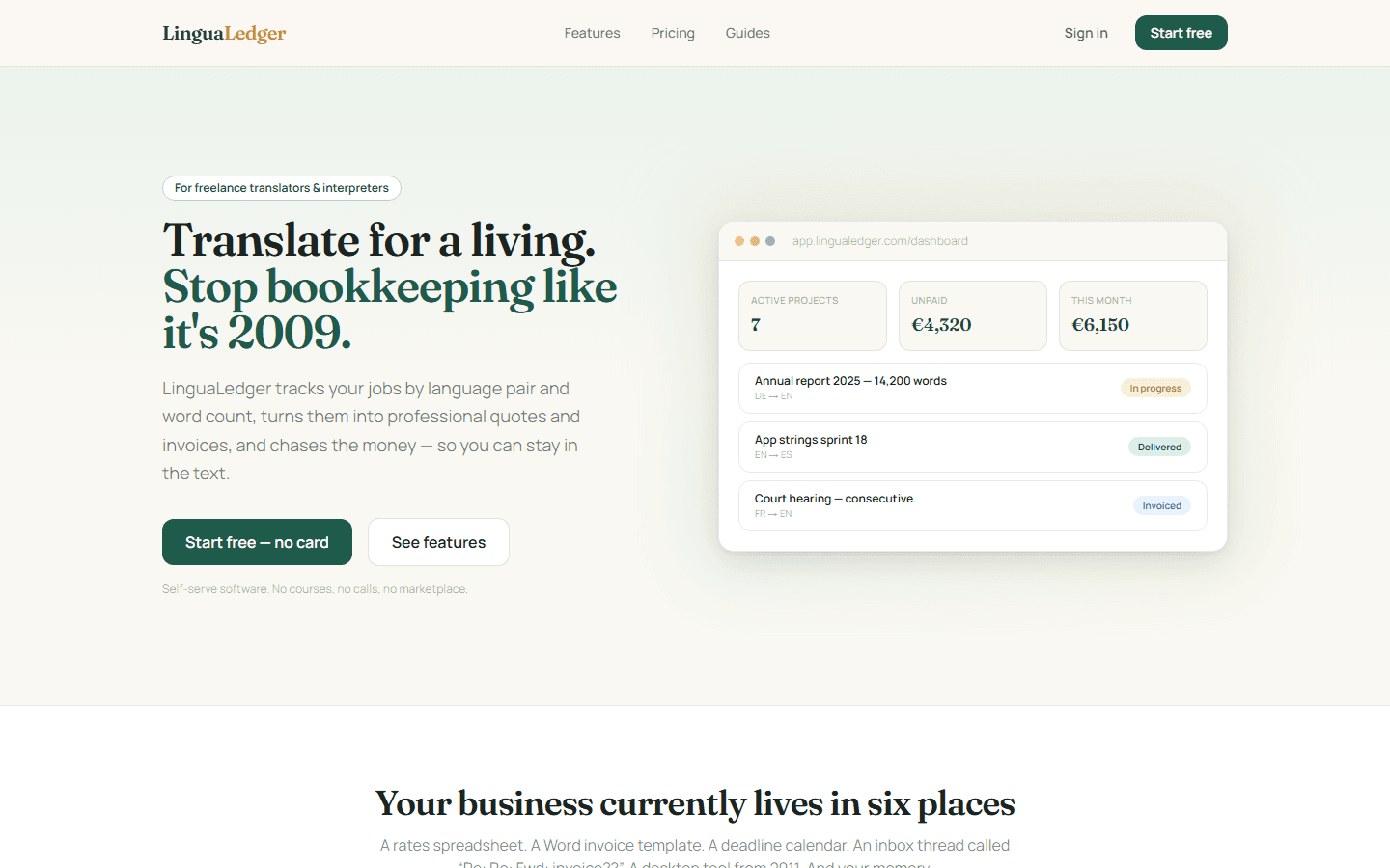 LinguaLedger marketing page and dashboard mock