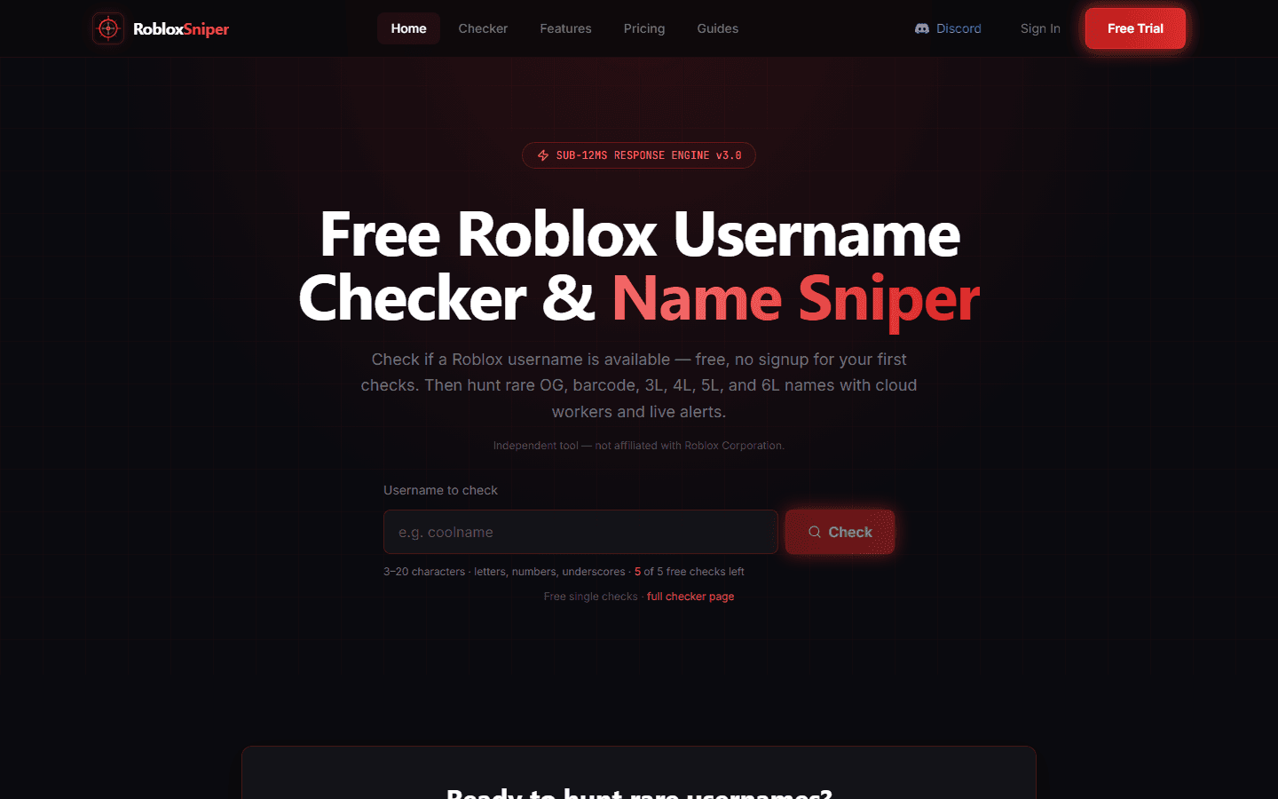 RobloxSniper homepage with free username checker