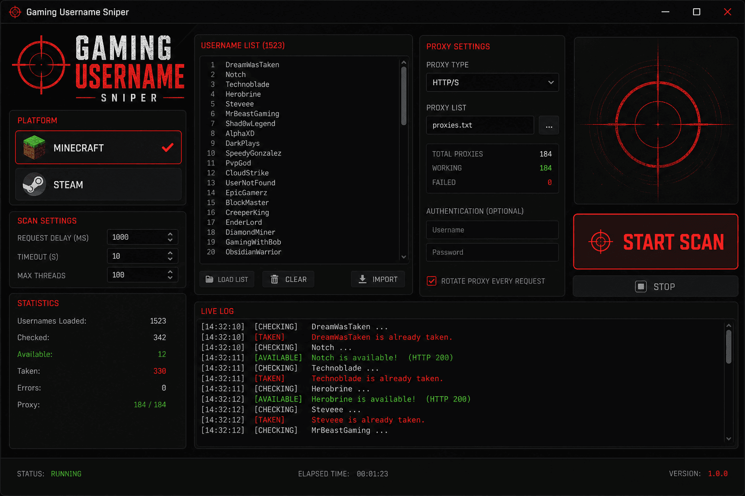 Desktop username sniper application UI