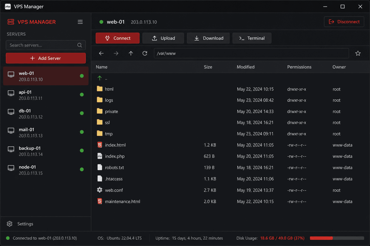 VPS Manager desktop application interface